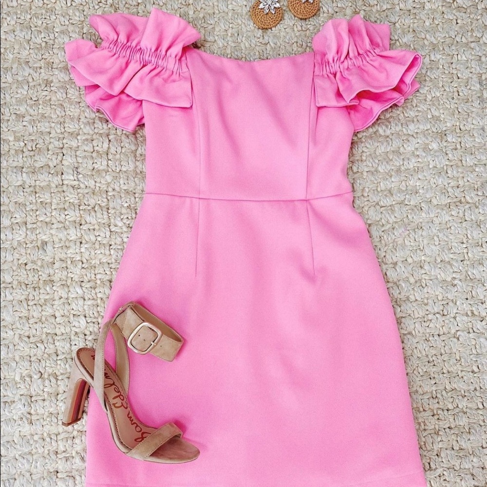 Pink ruffled off the shoulder cocktail dress